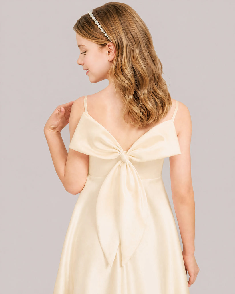 Champagne Satin A-line Junior Bridesmaid Dress Back View