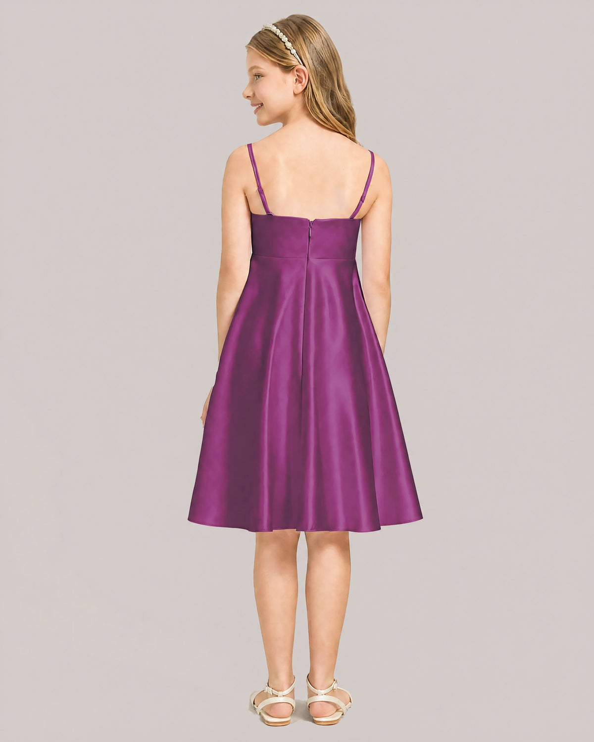 Fuchsia Satin A-line Junior Bridesmaid Dress Back View