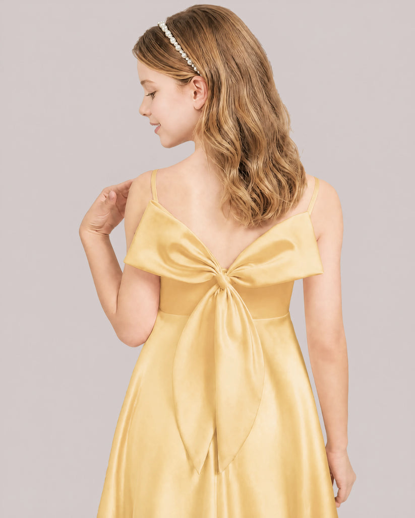 Gold Satin A-line Junior Bridesmaid Dress Back View