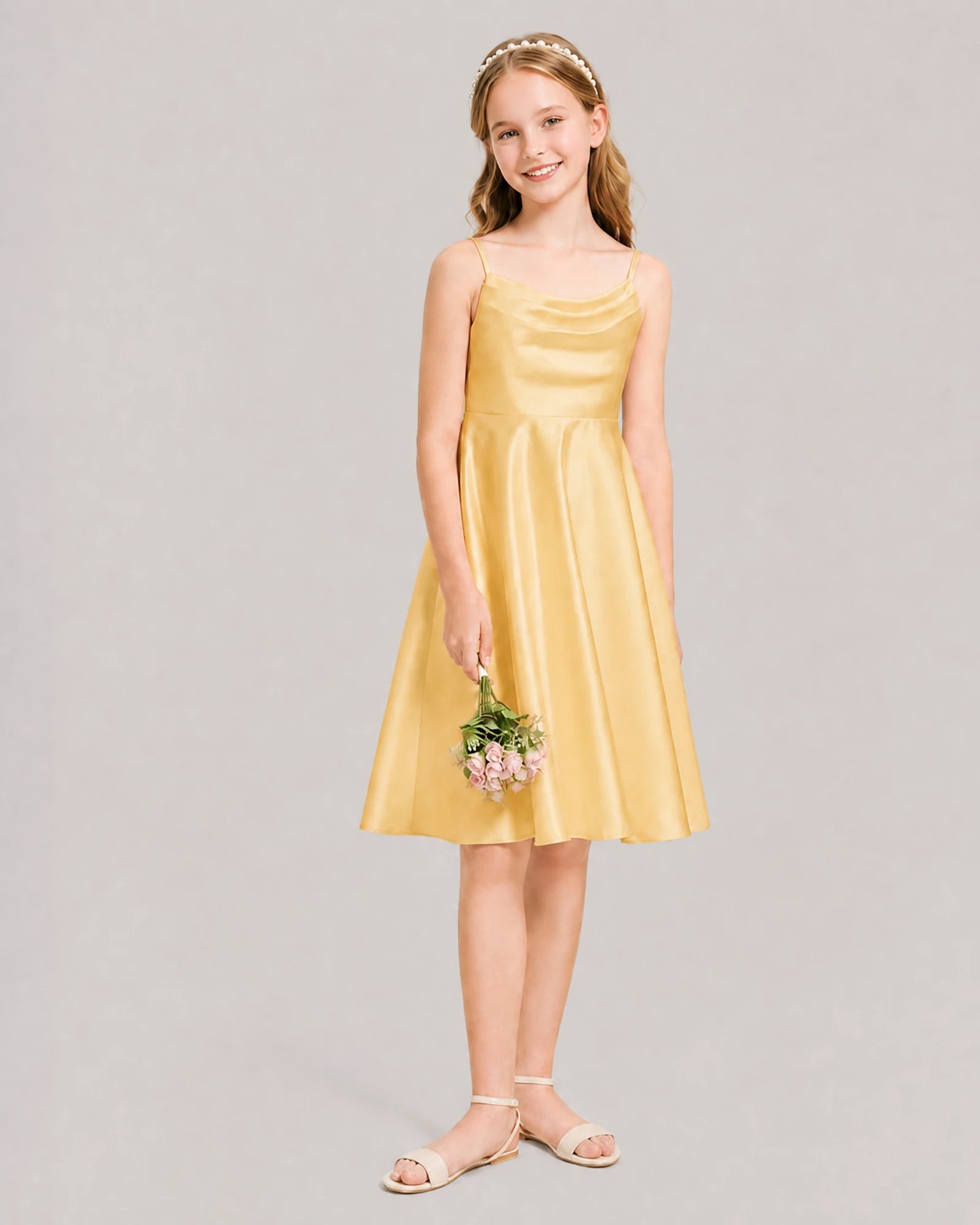 Gold Satin Short Flower Girl Dress 