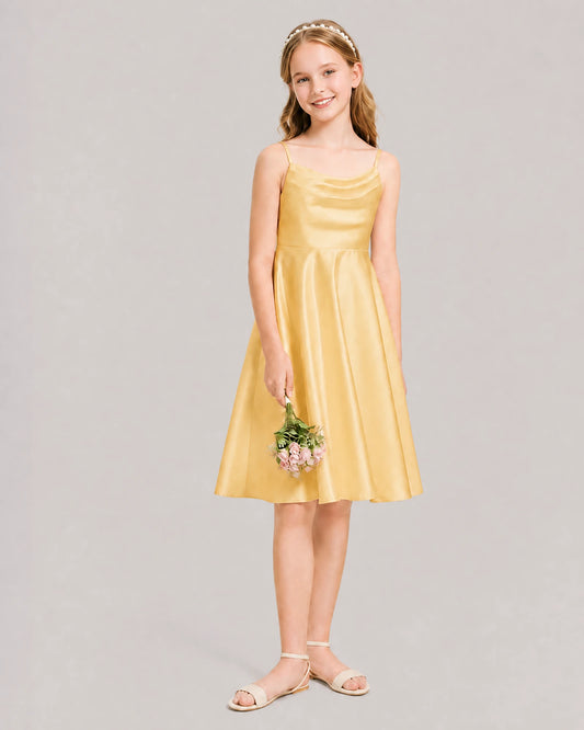 Gold Satin A-line Junior Bridesmaid Dress Front View