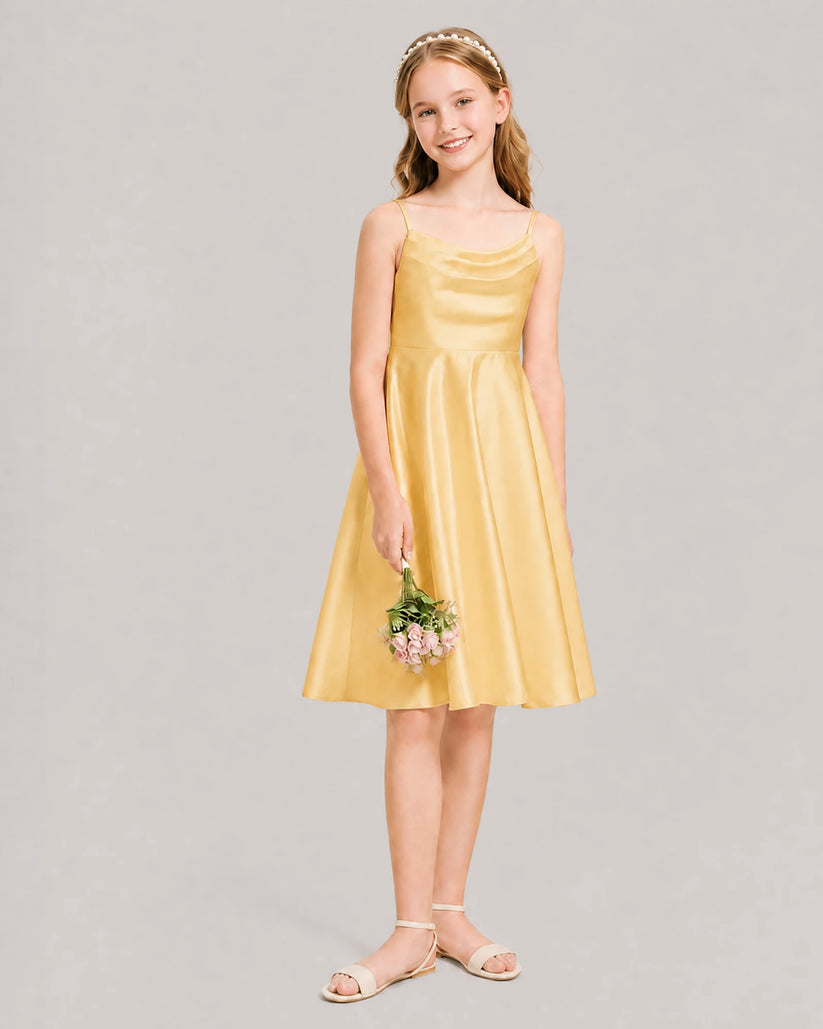Gold Satin A-line Junior Bridesmaid Dress Front View
