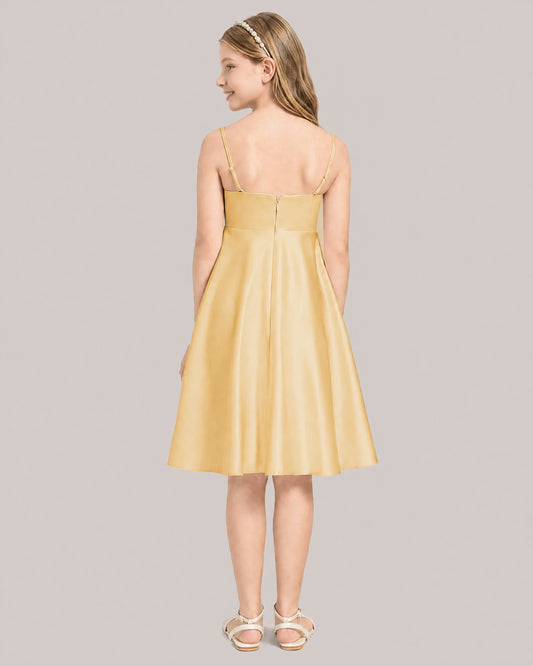Gold Satin A-line Junior Bridesmaid Dress Back View