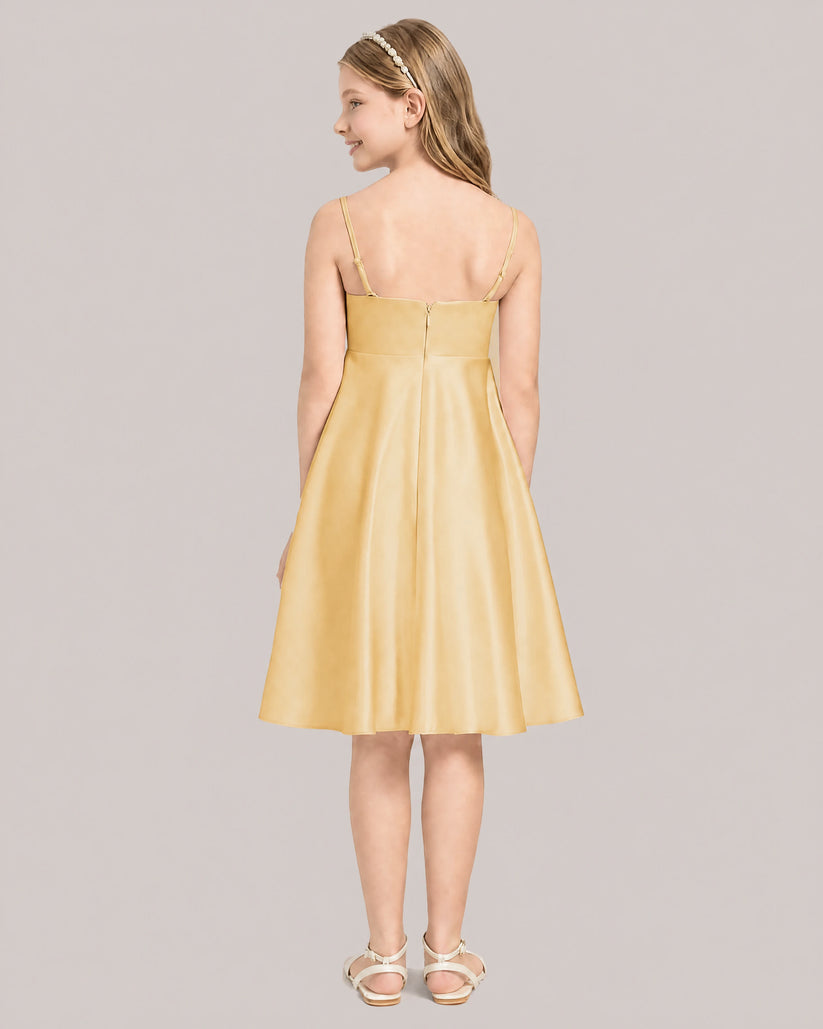 Gold Satin A-line Junior Bridesmaid Dress Back View