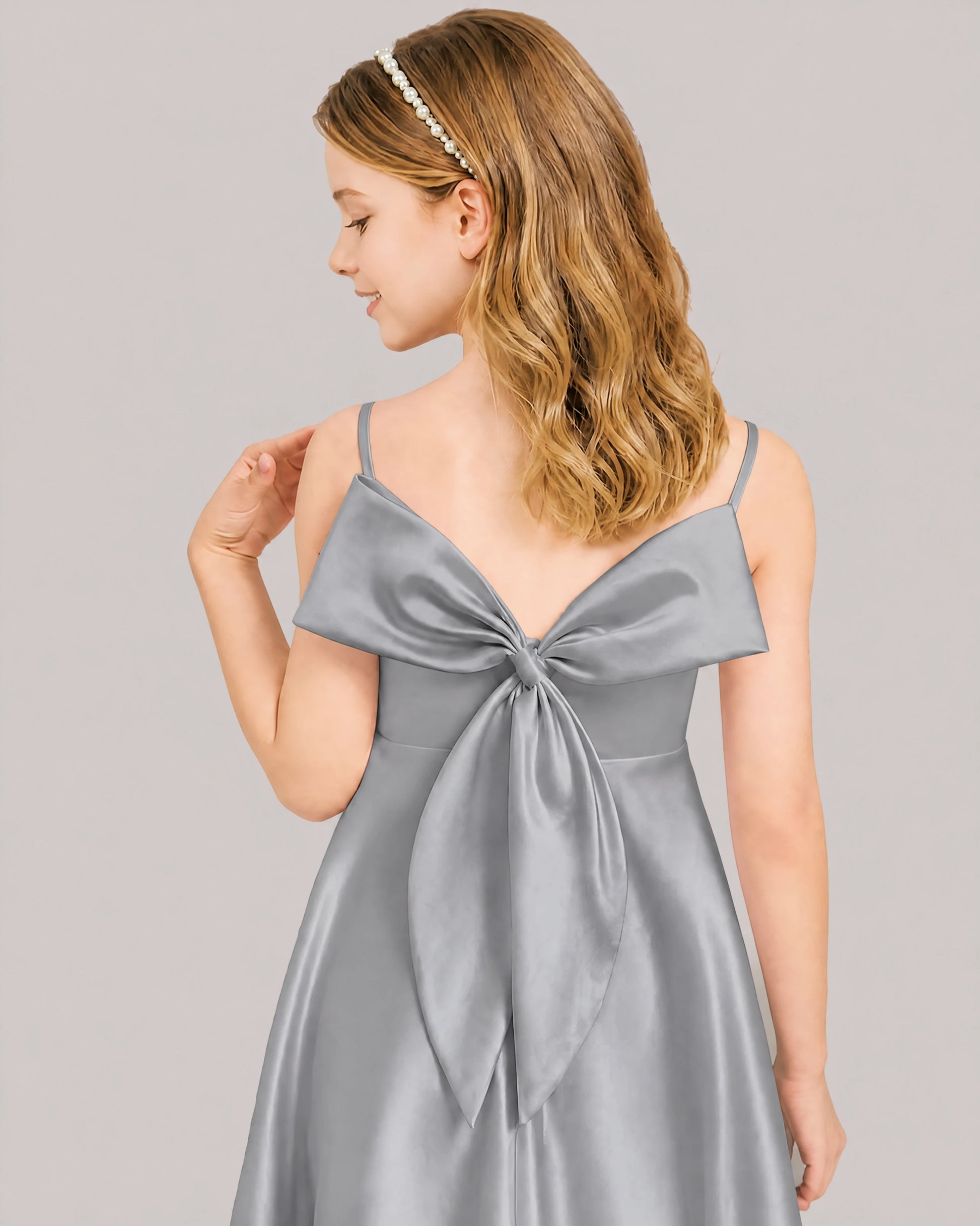 Gray Satin Short Flower Girl Dress 