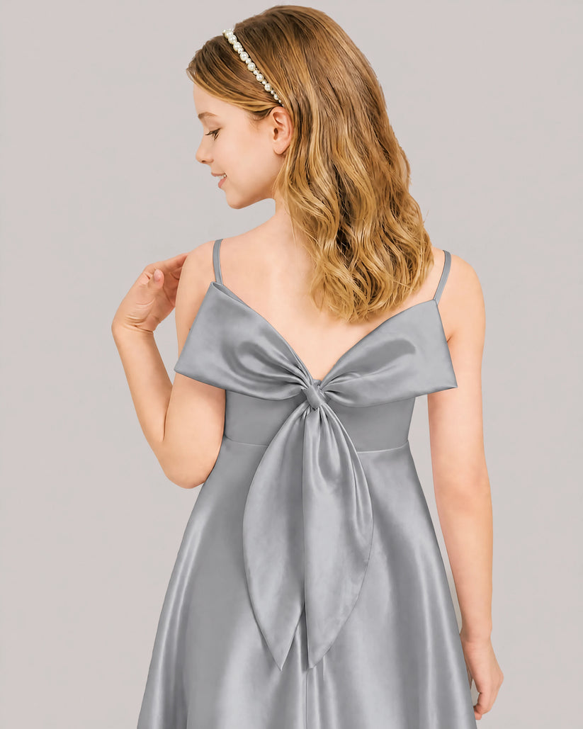 Gray Satin A-line Junior Bridesmaid Dress Back View