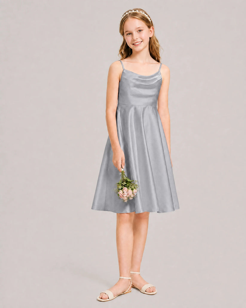 Gray Satin A-line Junior Bridesmaid Dress Front View