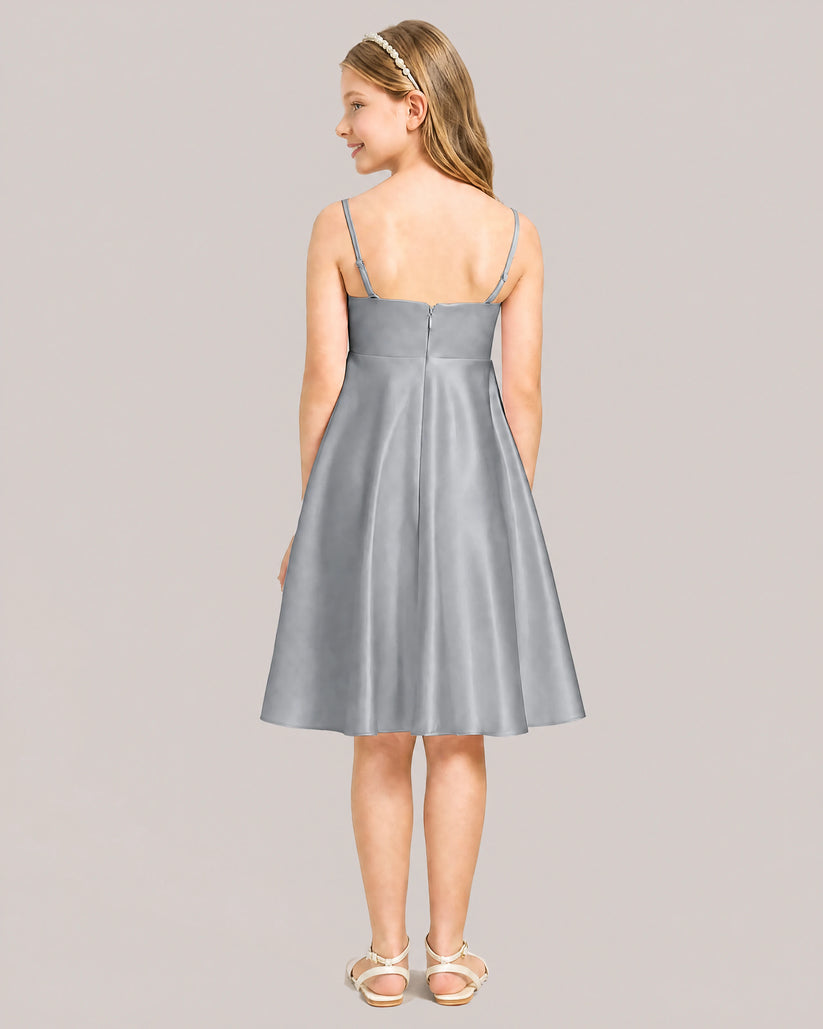 Gray Satin A-line Junior Bridesmaid Dress Back View