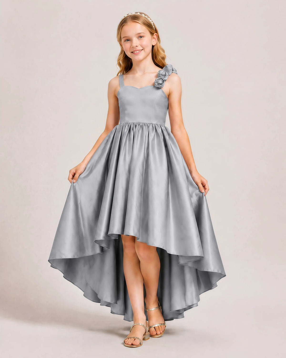 Grey Satin A-line Girls Formal Dress Front View