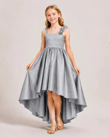 Grey Satin A-line Girls Formal Dress Front View