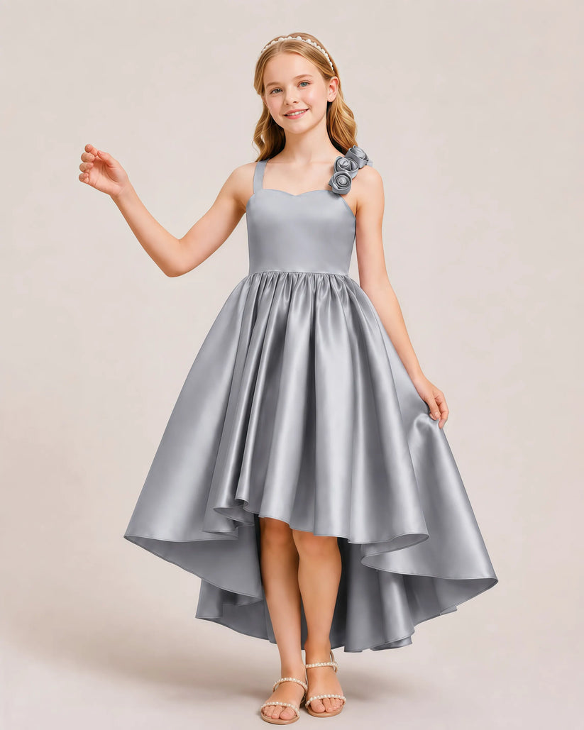 Grey Satin A-line Girls Formal Dress Front View