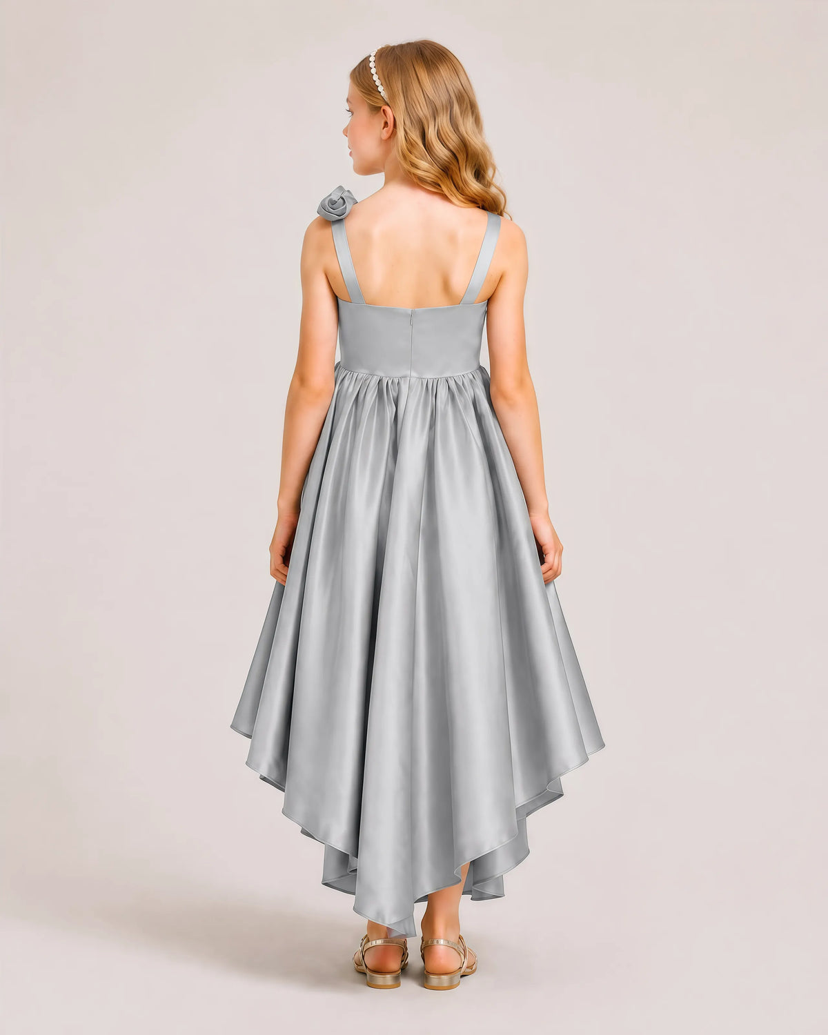 Grey Satin A-line Girls Formal Dress Back View