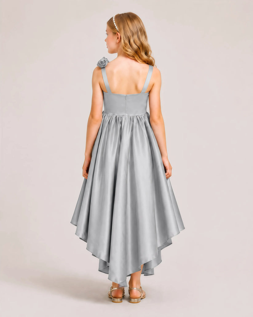 Grey Satin A-line Girls Formal Dress Back View