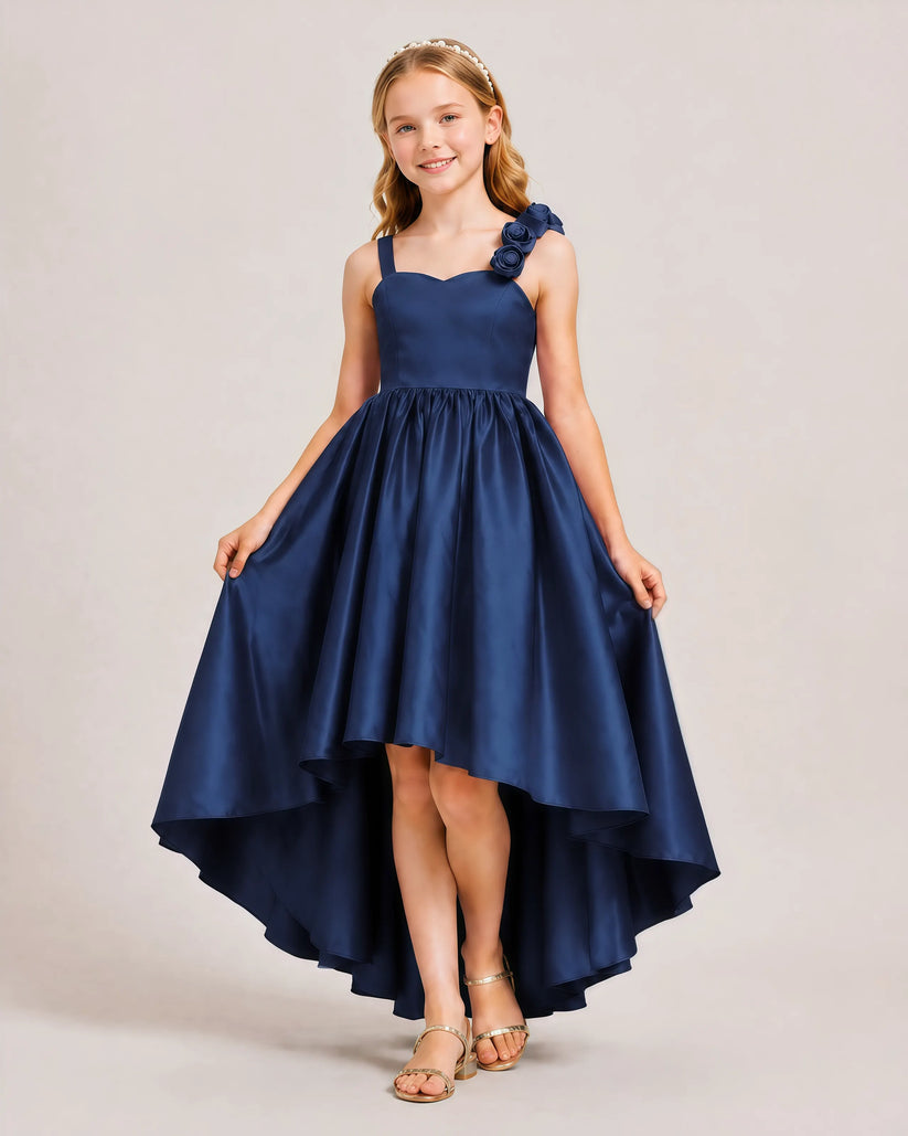 Navy Blue Satin A-line Girls Formal Dress Front View