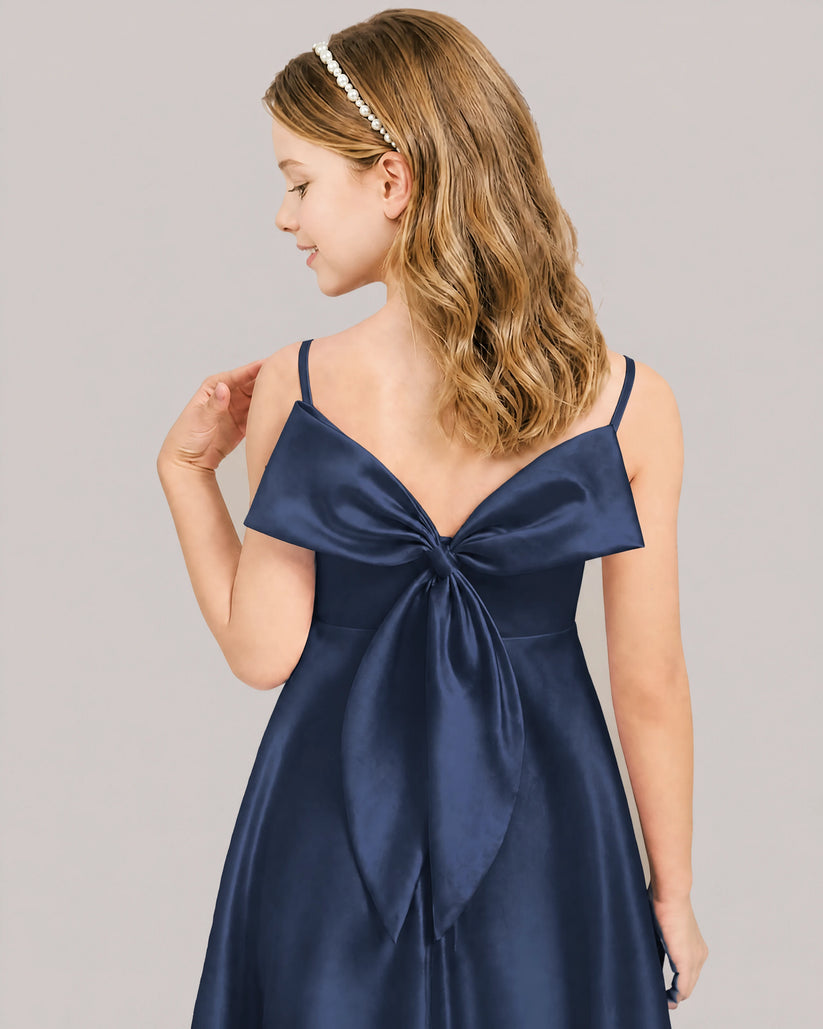 Navy Blue Satin A-line Junior Bridesmaid Dress Back View