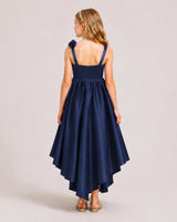 Navy Blue Satin A-line Girls Formal Dress Back View
