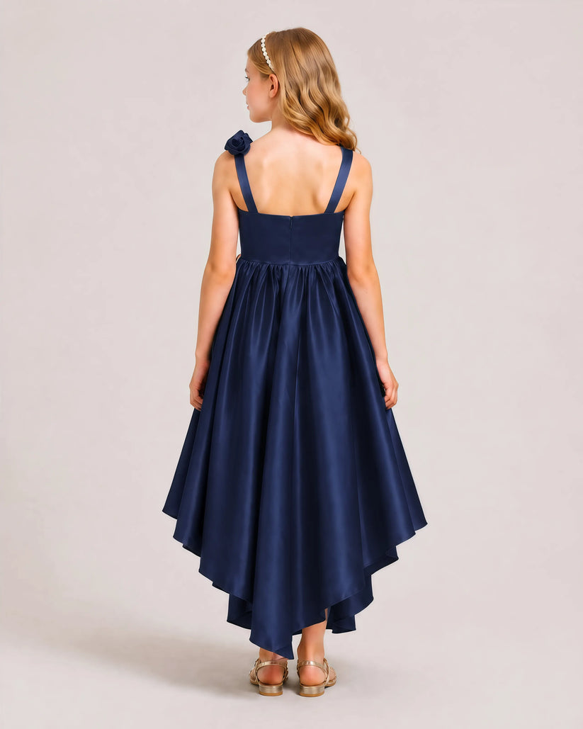 Navy Blue Satin A-line Girls Formal Dress Back View