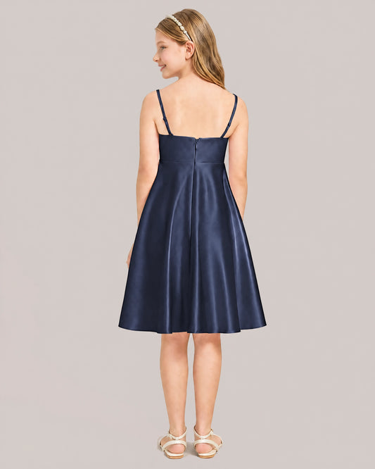 Navy Blue Satin A-line Junior Bridesmaid Dress Back View