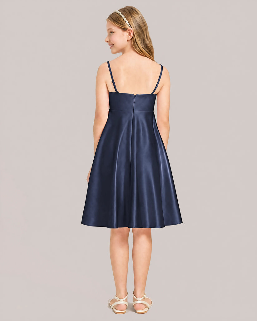 Navy Blue Satin A-line Junior Bridesmaid Dress Back View
