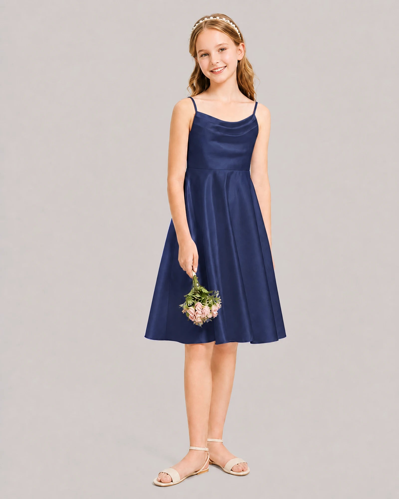 Navy Blue Satin Short Flower Girl Dress 