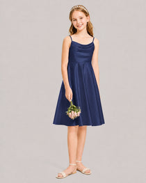 Navy Blue Satin Short Flower Girl Dress 