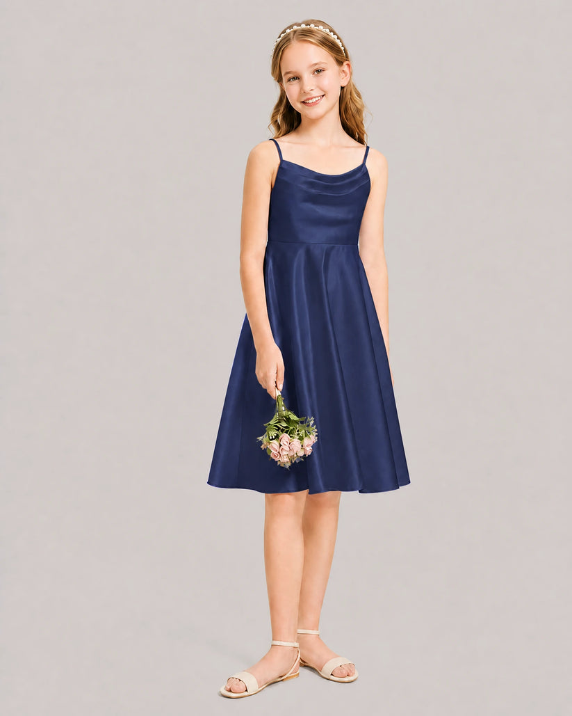 Navy Blue Satin A-line Junior Bridesmaid Dress Front View