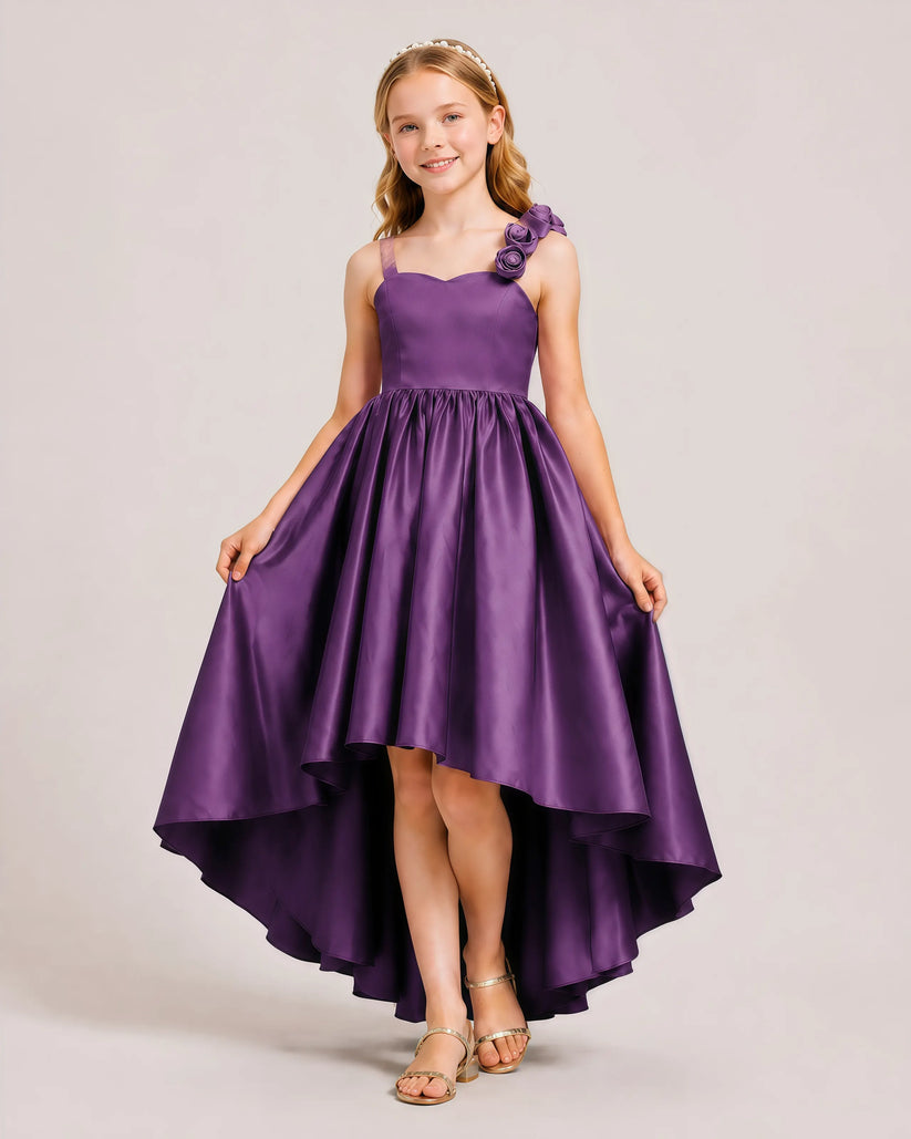 Plum Satin A-line Girls Formal Dress Front View
