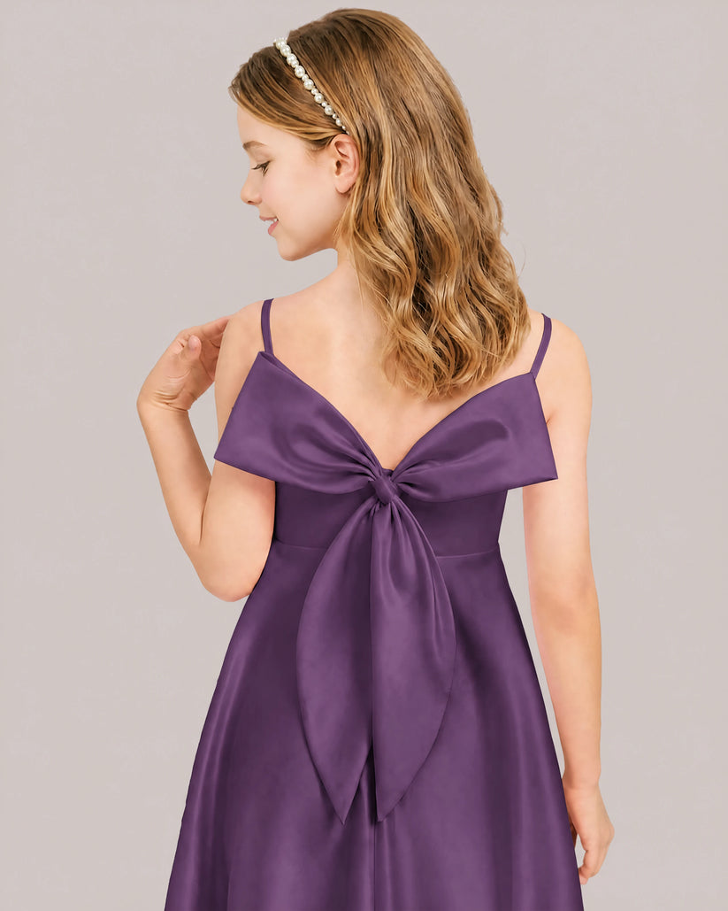Plum Satin A-line Junior Bridesmaid Dress Back View