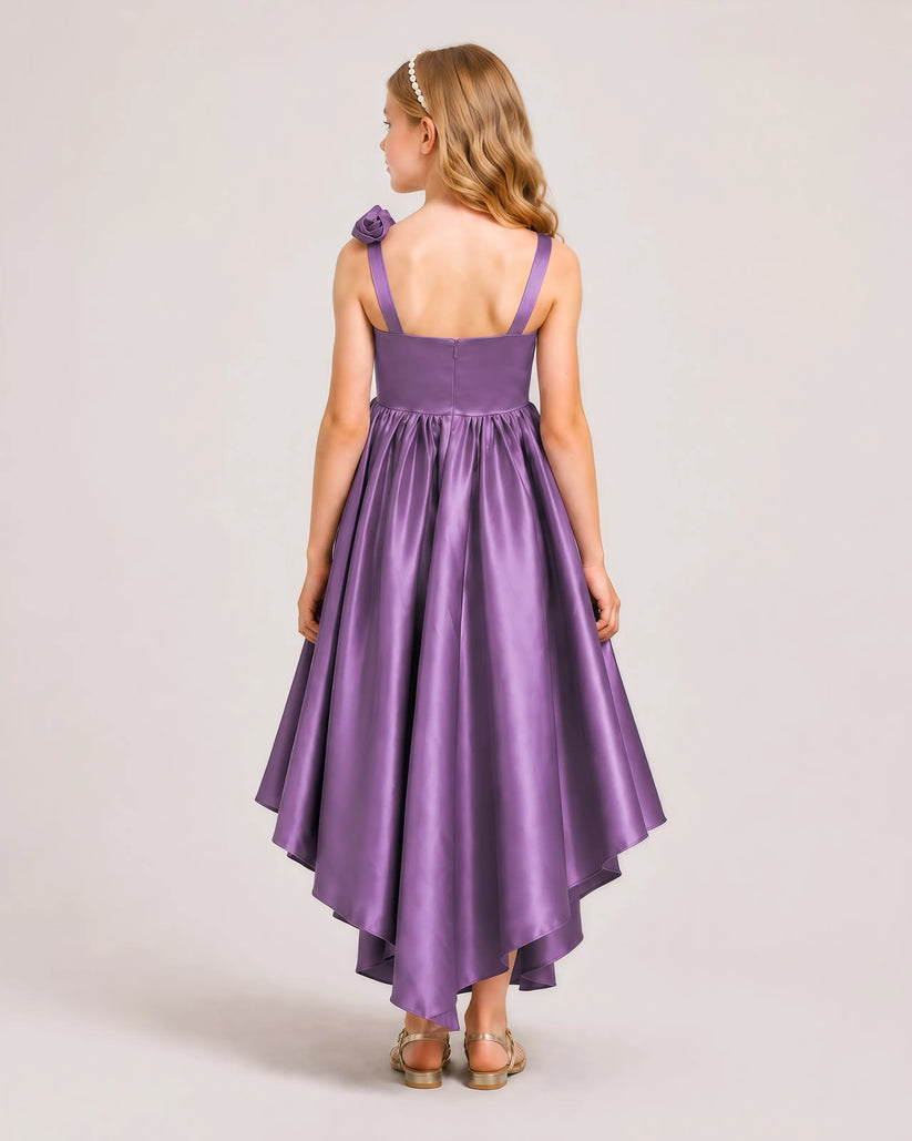 Plum Satin A-line Girls Formal Dress Back View