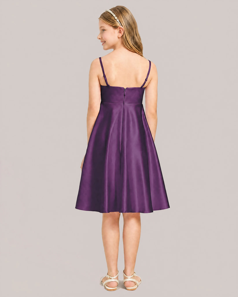Plum Satin A-line Junior Bridesmaid Dress Back View