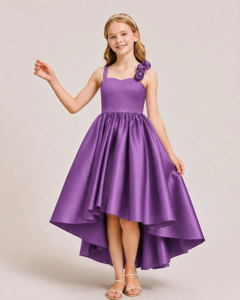 Plum Satin A-line Girls Formal Dress Front View