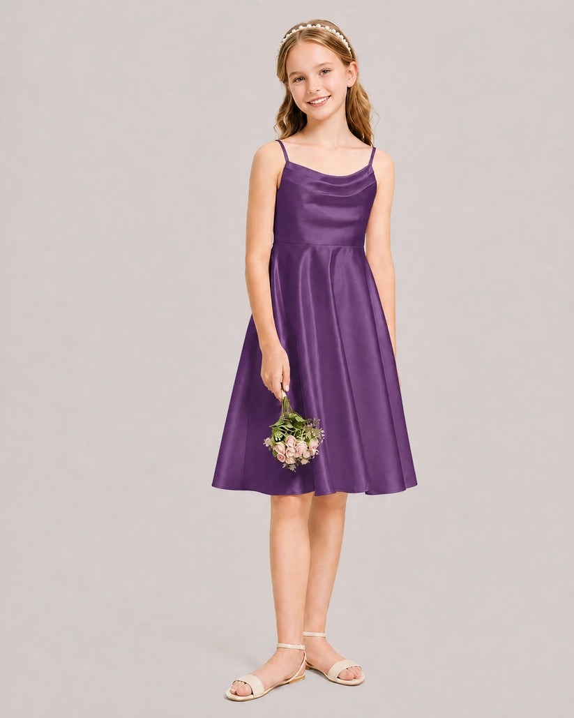 Plum Satin A-line Junior Bridesmaid Dress Front View