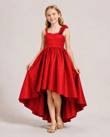 Red Satin High Low Girls Formal Dress Front View
