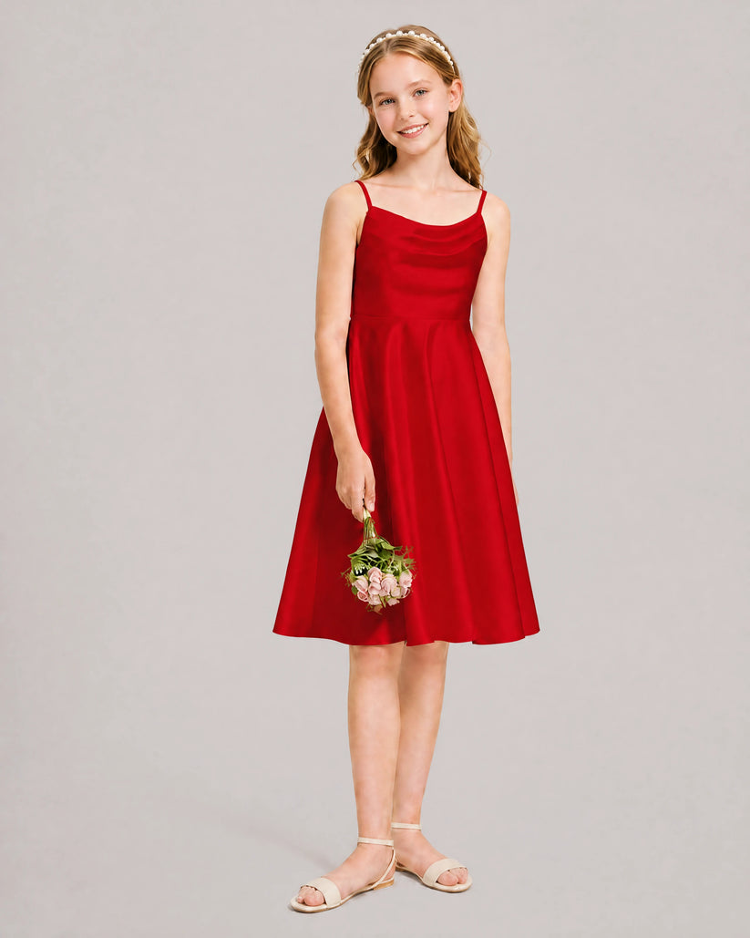 Red Satin A-line Junior Bridesmaid Dress Front View