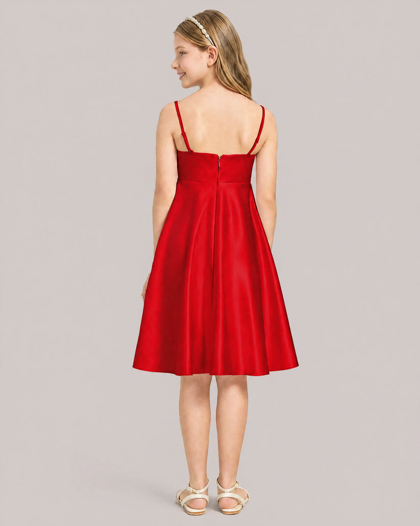 Red Satin A-line Junior Bridesmaid Dress Back View