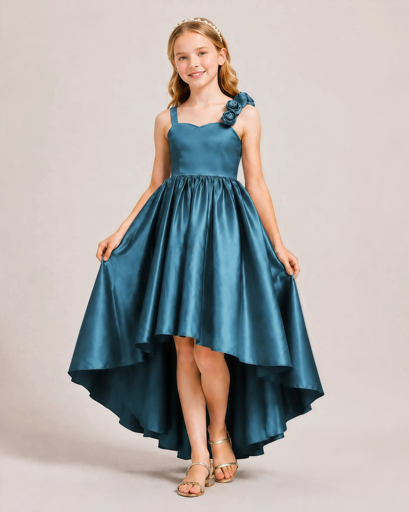 Teal Satin A-line Girls Formal Dress Front View