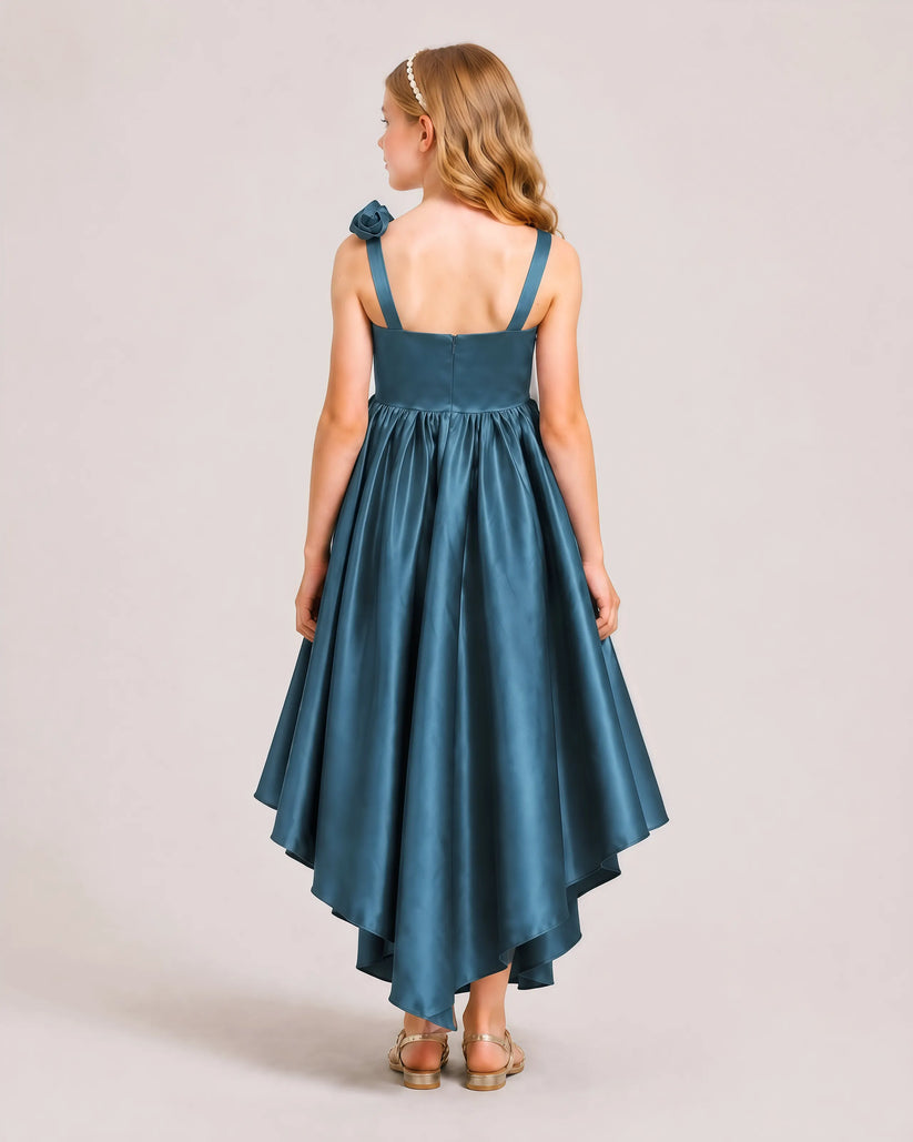 Teal Satin A-line Girls Formal Dress Back View