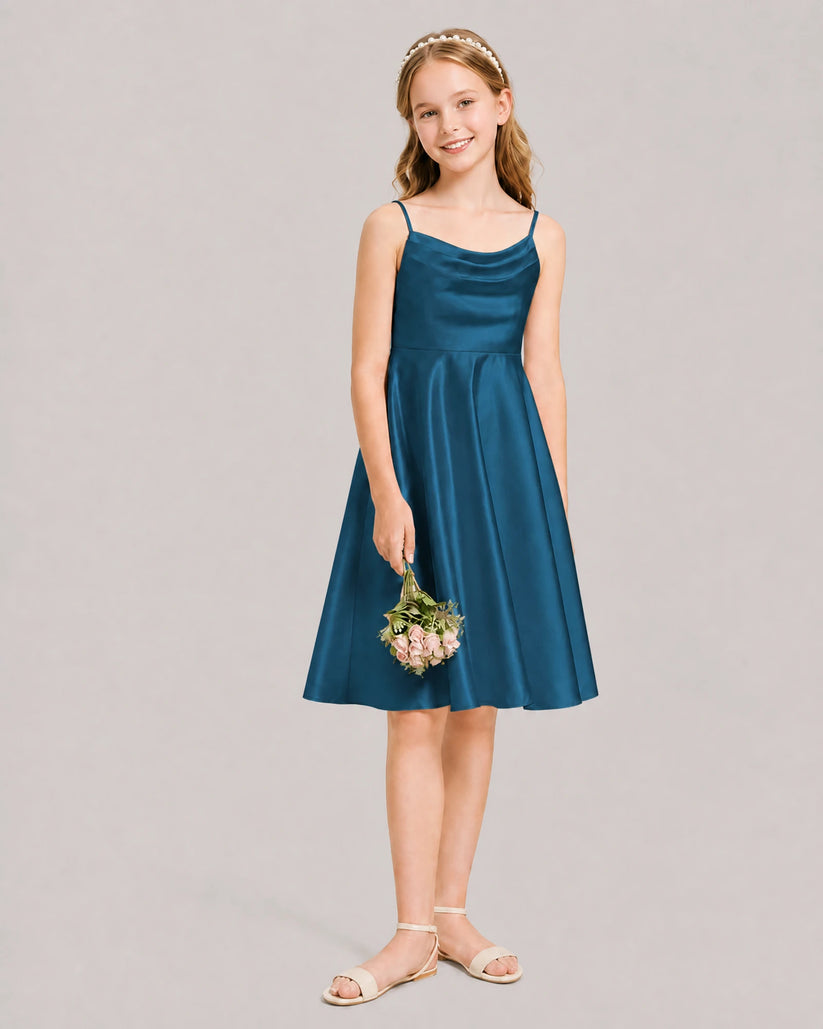 Teal Satin A-line Junior Bridesmaid Dress Front View