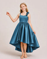Teal Satin High Low Girls Formal Dress Front View