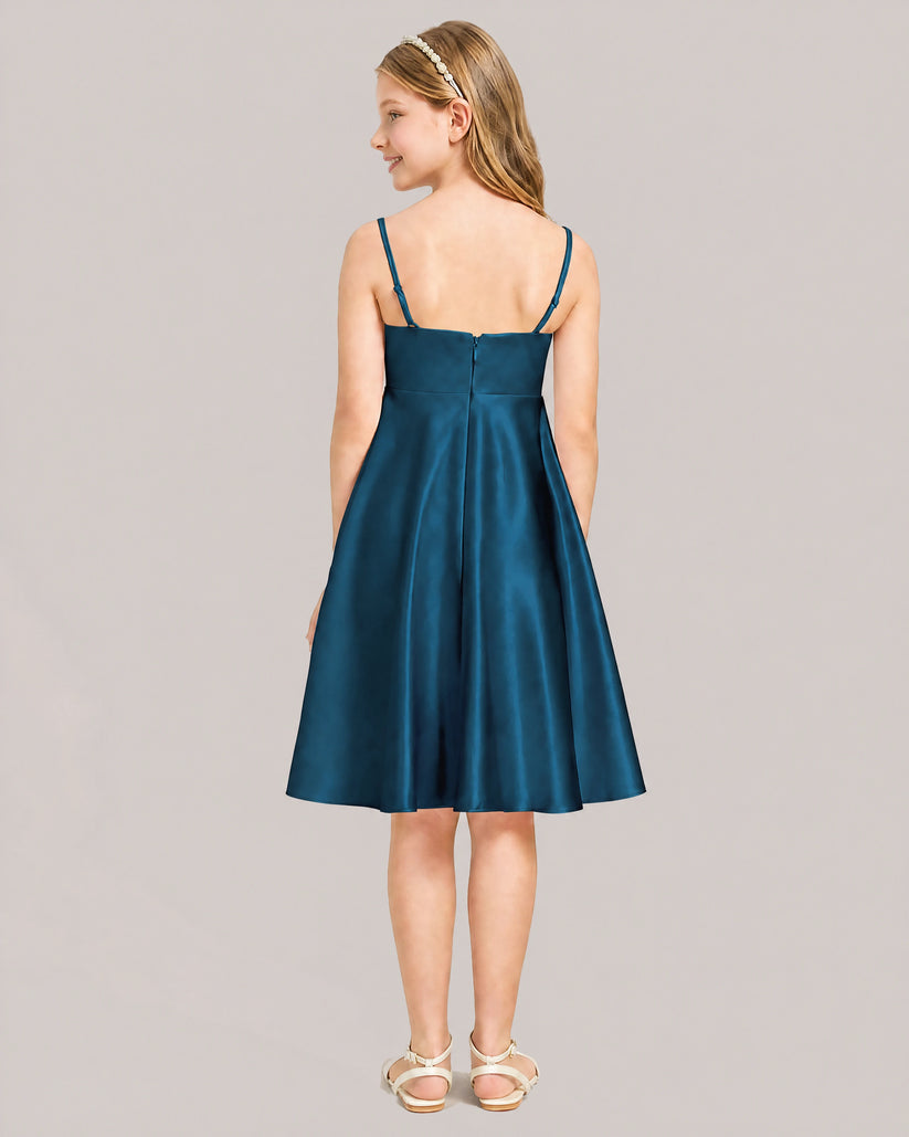 Teal Satin A-line Junior Bridesmaid Dress Back View