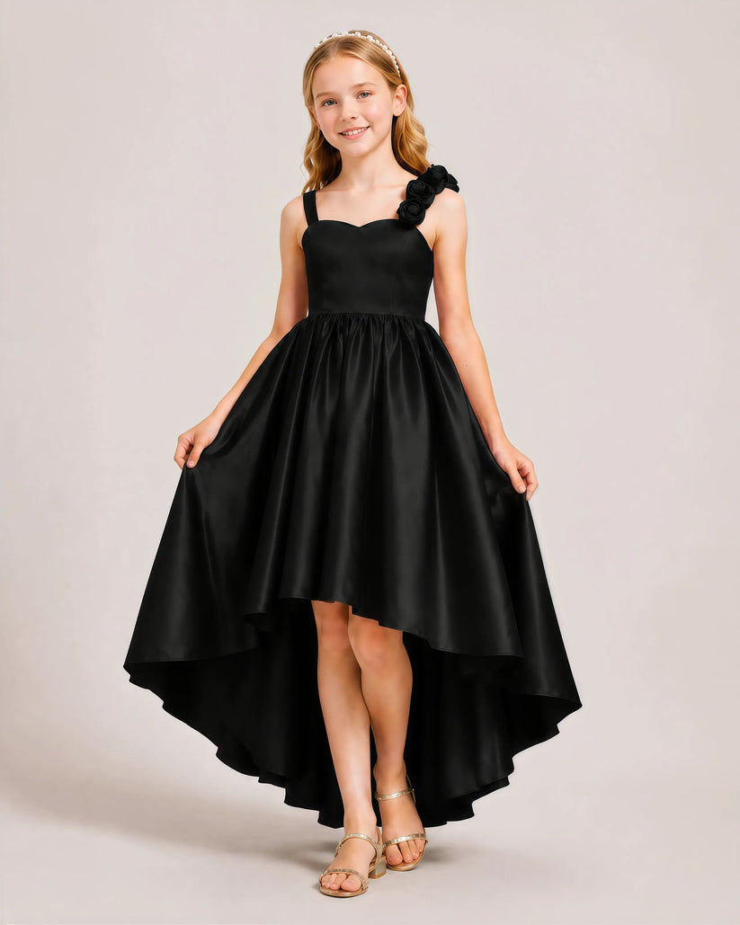 Black Satin High Low Girls Formal Dress Front View