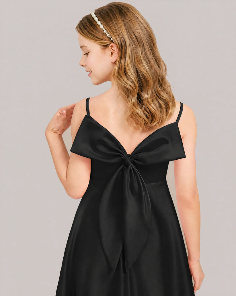 Black Satin A-line Junior Bridesmaid Dress Back View