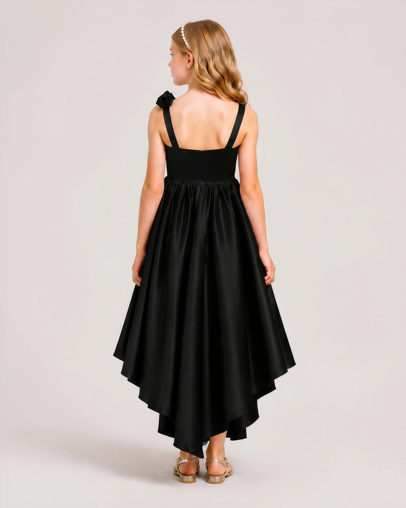 Black Satin A-line Girls Formal Dress Back View