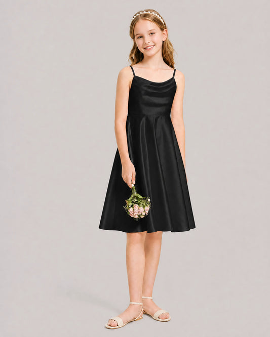 Black Satin A-line Junior Bridesmaid Dress Front View