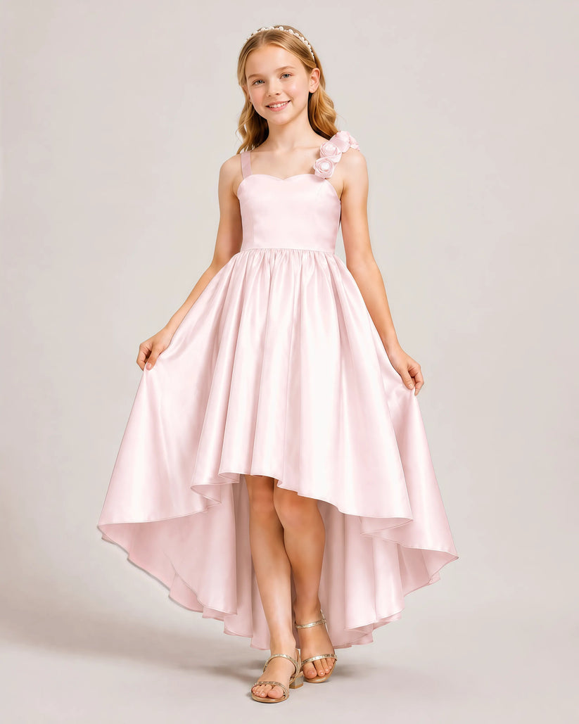 Blush Pink Satin A-line Girls Formal Dress Front View