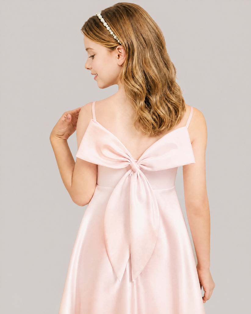 Blush Pink Satin A-line Junior Bridesmaid Dress Back View