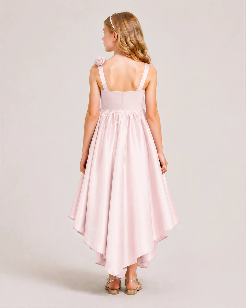 Blush Pink Satin A-line Girls Formal Dress Back View