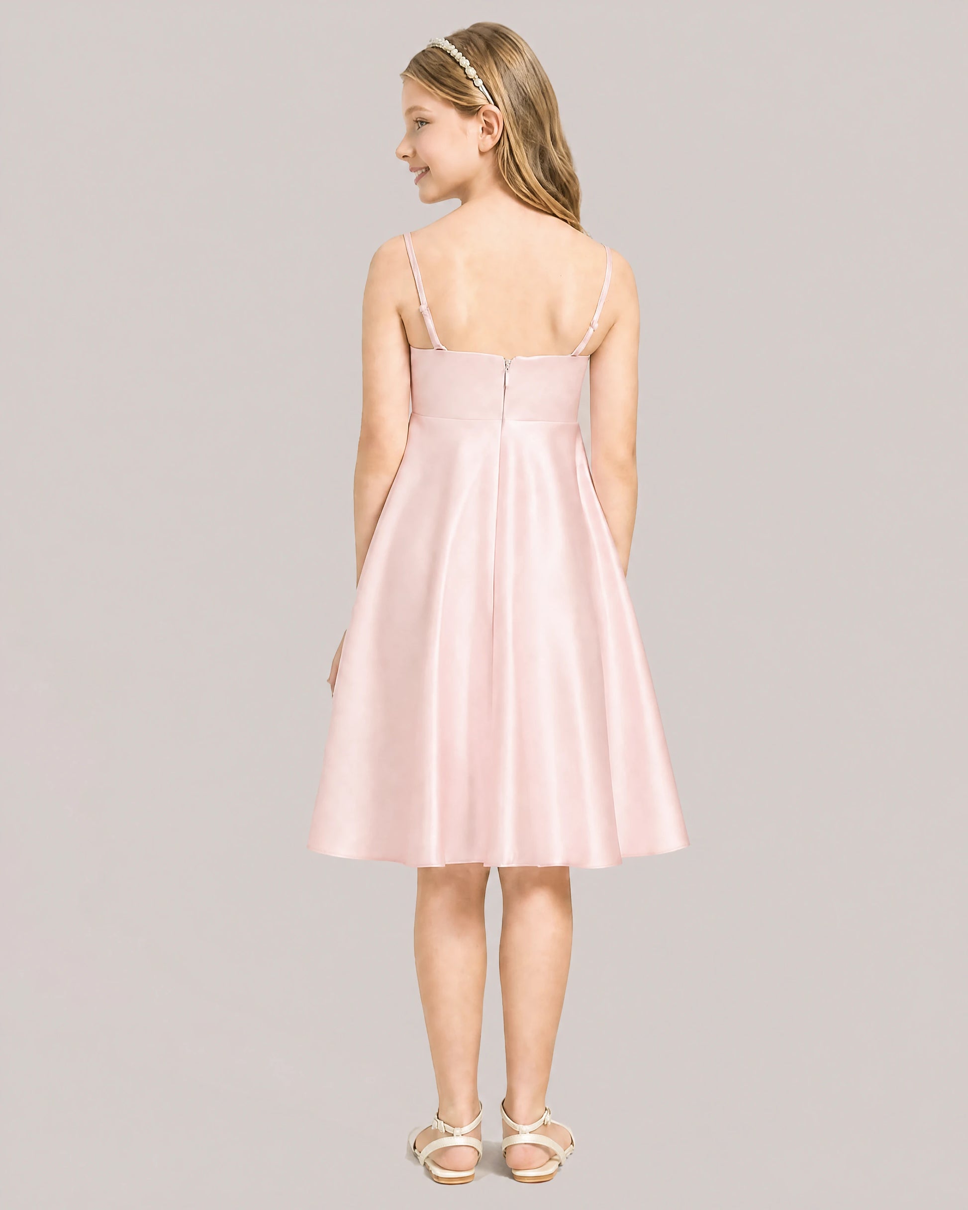 Blush Pink Satin Short Flower Girl Dress 