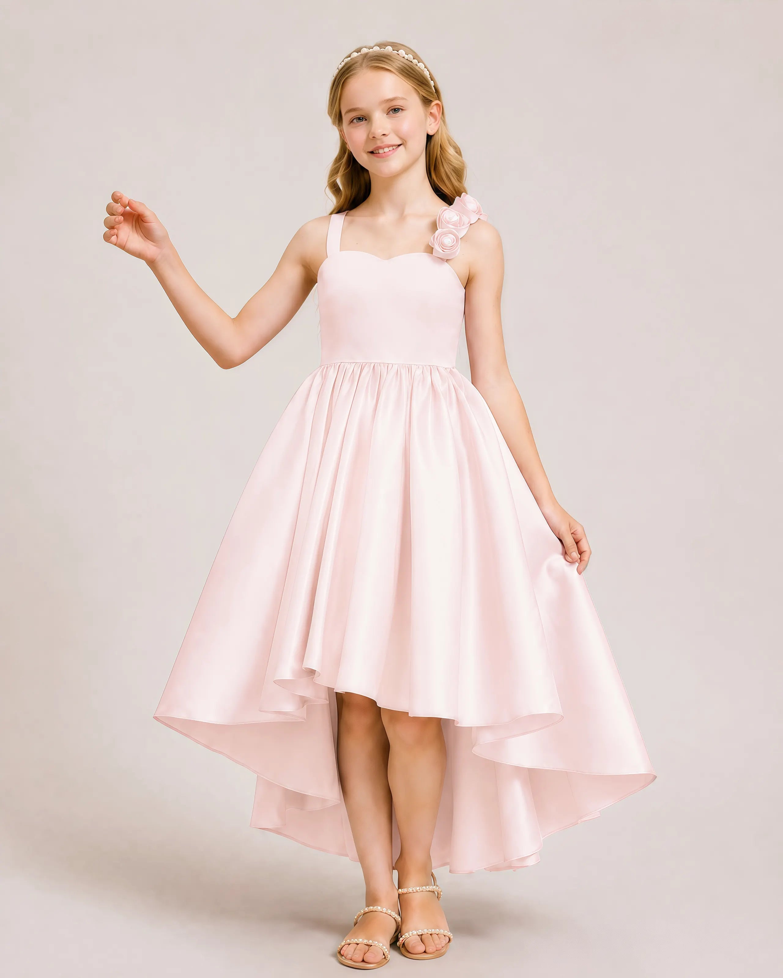 Dideyttawl Girls Formal Dress Lilac Satin Hi Low 3D Flower Formal Party Gown, Champagne / 6