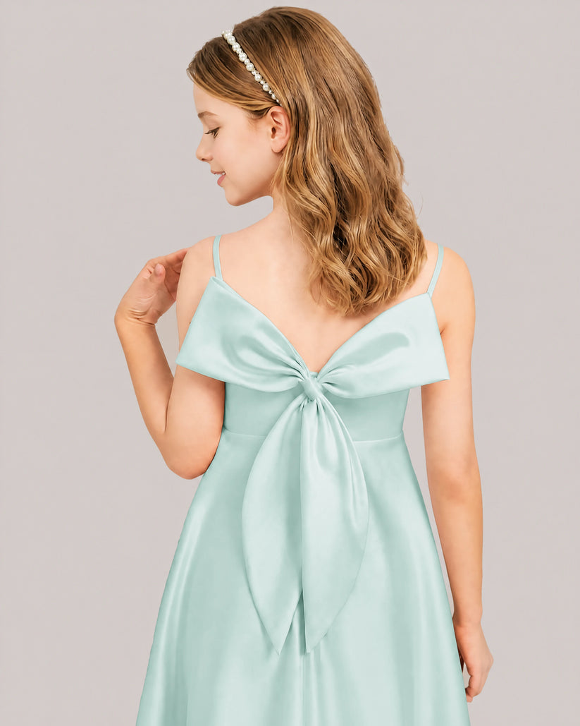 Mist Satin A-line Junior Bridesmaid Dress Back View